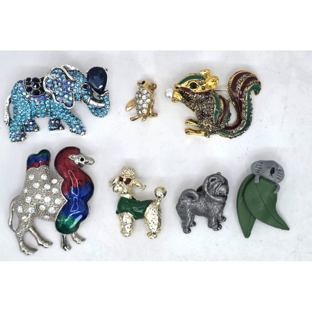 Animal Brooches Lot of 7 Dogs Camel Squirrel Rhinestone‎ Enamel Silver Gold Tone